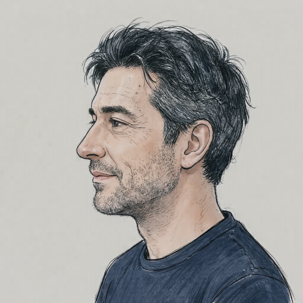 Illustration of one man with black hair greying at the temples and a deep navy shirt, his head and shoulders seen in full profile from the side with his gaze level ahead and a calm closed-mouth expression, closely cropped so the head and shoulders fill most of the picture, hands not visible, a plain pale background behind him, the lower edge left as empty background with nothing written on it (hand-drawn)