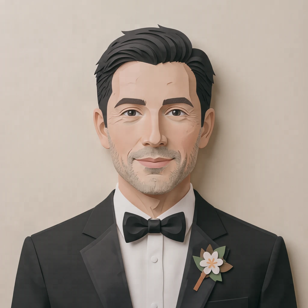 Illustration of one man in a black wedding tuxedo with a white shirt, a black bow tie and a small white flower on the lapel and neatly styled hair, his head and shoulders seen straight from the front with both eyes looking at the viewer and a calm closed-mouth expression, closely cropped so the head and shoulders fill most of the picture, hands not visible, a plain pale background behind him, the lower edge left as empty background with nothing written on it (paper cut-out)