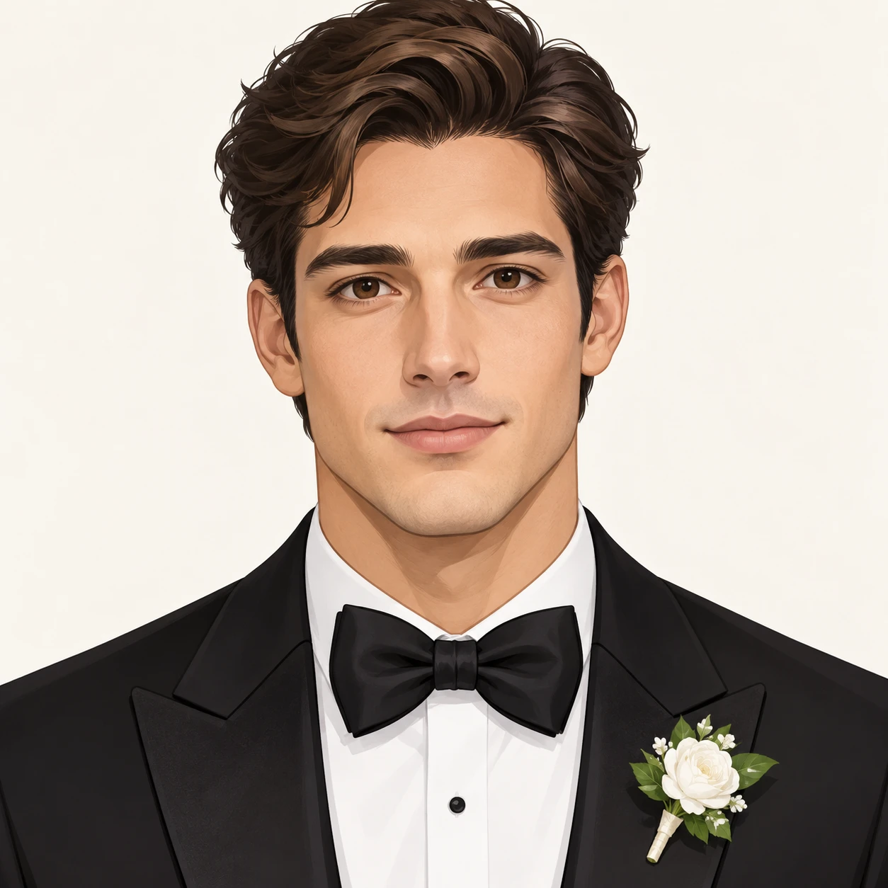 Illustration of one man in a black wedding tuxedo with a white shirt, a black bow tie and a small white flower on the lapel and neatly styled hair, his head and shoulders seen straight from the front with both eyes looking at the viewer and a calm closed-mouth expression, closely cropped so the head and shoulders fill most of the picture, hands not visible, a plain pale background behind him, the lower edge left as empty background with nothing written on it (isometric)