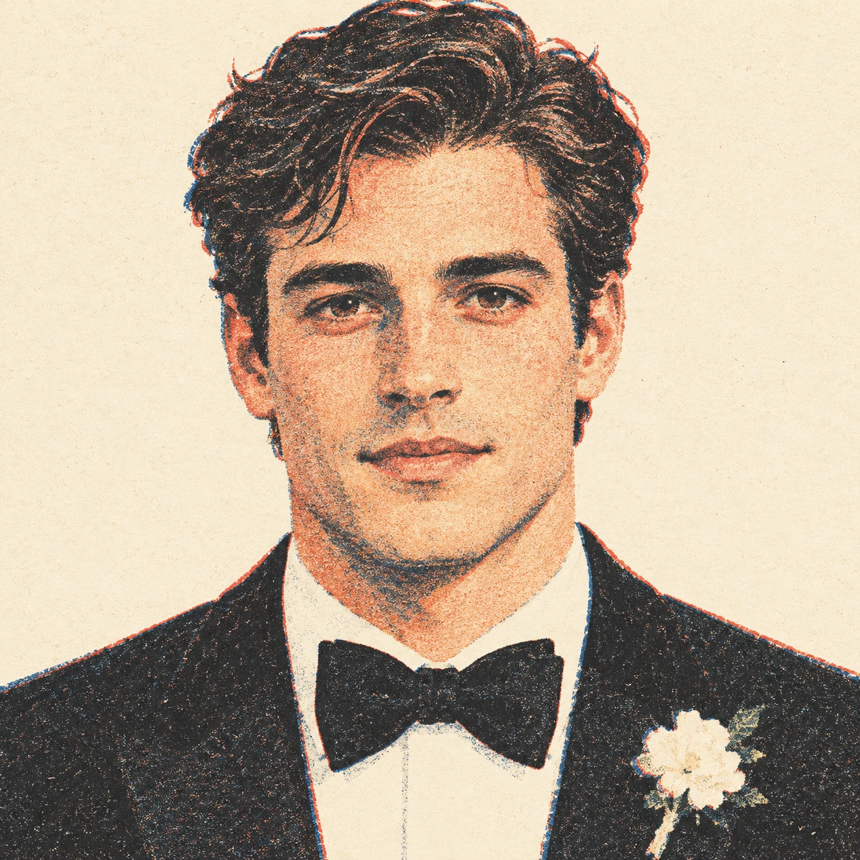 Illustration of one man in a black wedding tuxedo with a white shirt, a black bow tie and a small white flower on the lapel and neatly styled hair, his head and shoulders seen straight from the front with both eyes looking at the viewer and a calm closed-mouth expression, closely cropped so the head and shoulders fill most of the picture, hands not visible, a plain pale background behind him, the lower edge left as empty background with nothing written on it (retro print)