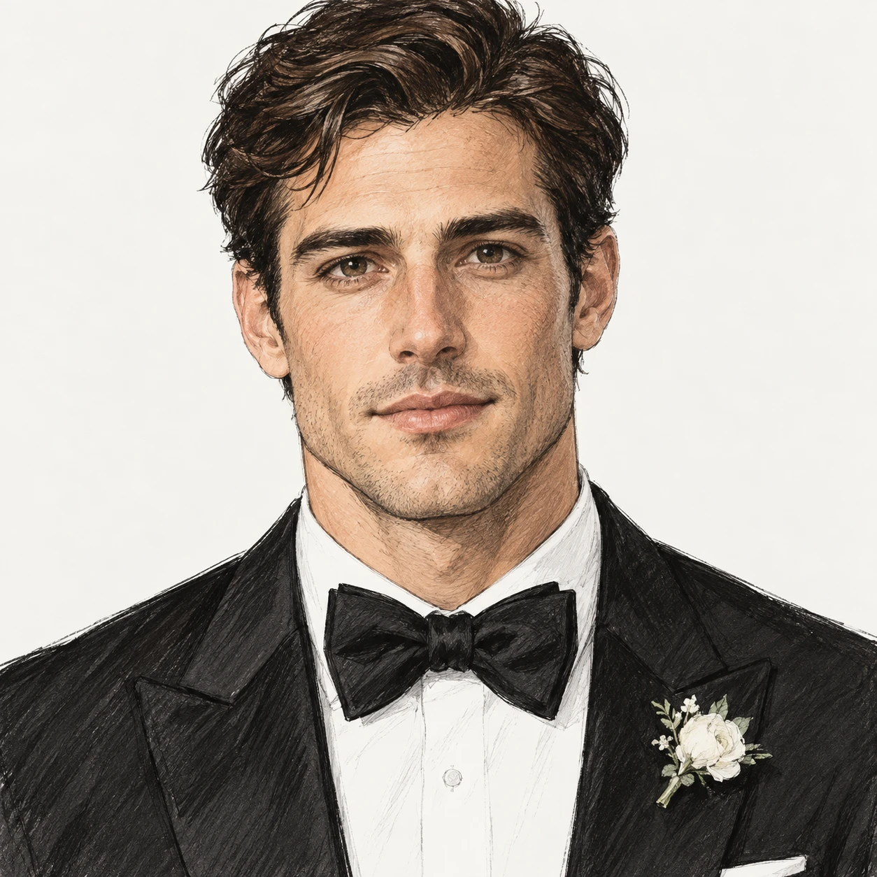 Illustration of one man in a black wedding tuxedo with a white shirt, a black bow tie and a small white flower on the lapel and neatly styled hair, his head and shoulders seen straight from the front with both eyes looking at the viewer and a calm closed-mouth expression, closely cropped so the head and shoulders fill most of the picture, hands not visible, a plain pale background behind him, the lower edge left as empty background with nothing written on it (hand-drawn)