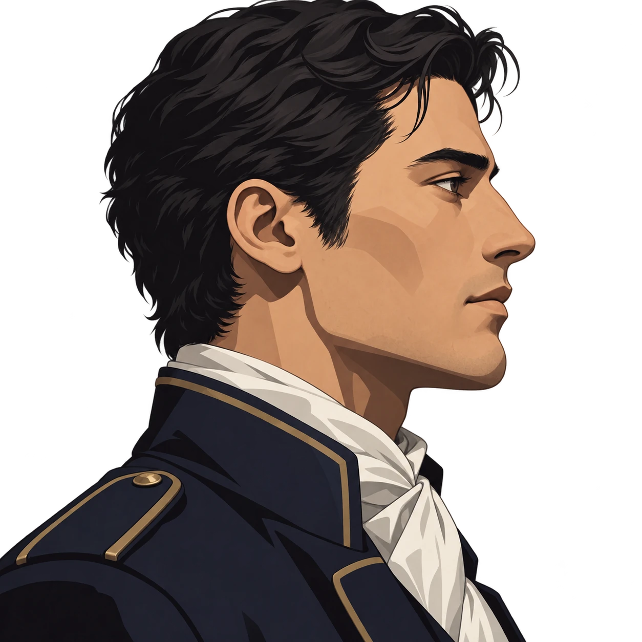 Illustration of one man in a neat uniform jacket with a folded scarf at the collar and dark hair, his head and shoulders seen in full profile from the side with his gaze level ahead and a calm closed-mouth expression, closely cropped so the head and shoulders fill most of the picture, hands not visible, a plain pale background behind him, the lower edge left as empty background with nothing written on it (bold graphic)