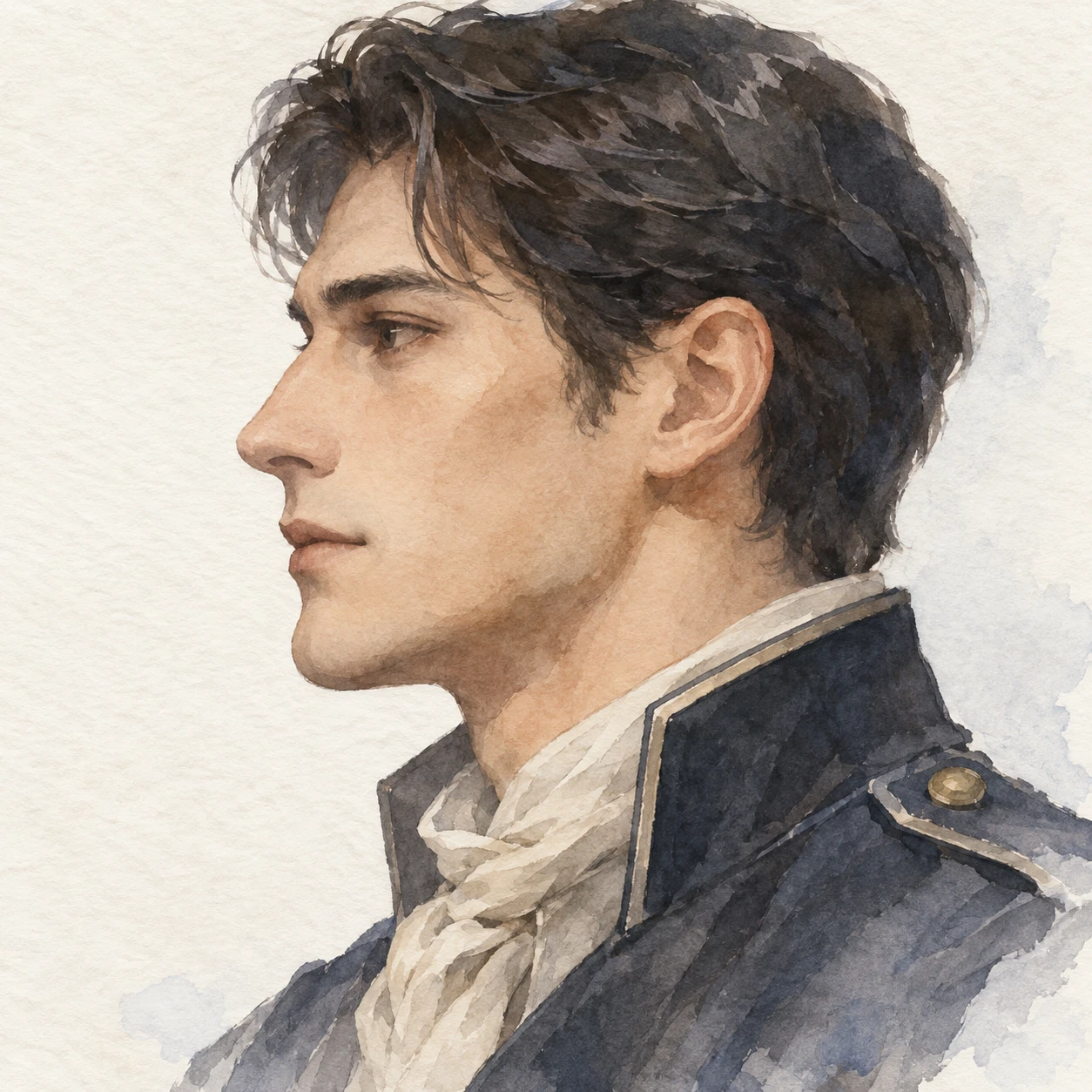 Illustration of one man in a neat uniform jacket with a folded scarf at the collar and dark hair, his head and shoulders seen in full profile from the side with his gaze level ahead and a calm closed-mouth expression, closely cropped so the head and shoulders fill most of the picture, hands not visible, a plain pale background behind him, the lower edge left as empty background with nothing written on it (watercolor)