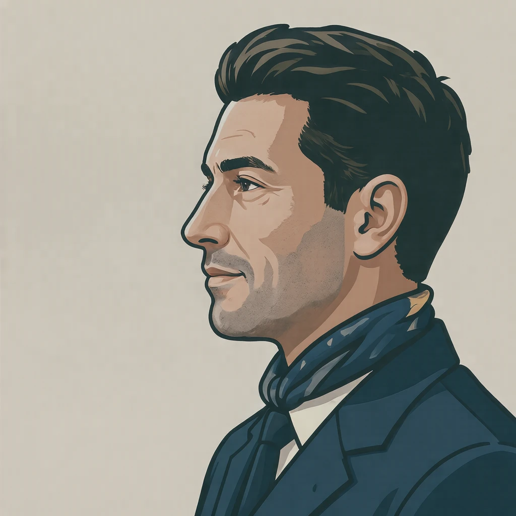 Illustration of one man in a neat uniform jacket with a folded scarf at the collar and dark hair, his head and shoulders seen in full profile from the side with his gaze level ahead and a calm closed-mouth expression, closely cropped so the head and shoulders fill most of the picture, hands not visible, a plain pale background behind him, the lower edge left as empty background with nothing written on it (bold graphic)