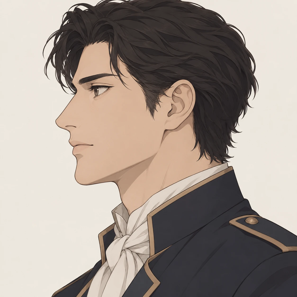 Illustration of one man in a neat uniform jacket with a folded scarf at the collar and dark hair, his head and shoulders seen in full profile from the side with his gaze level ahead and a calm closed-mouth expression, closely cropped so the head and shoulders fill most of the picture, hands not visible, a plain pale background behind him, the lower edge left as empty background with nothing written on it (simple line art)