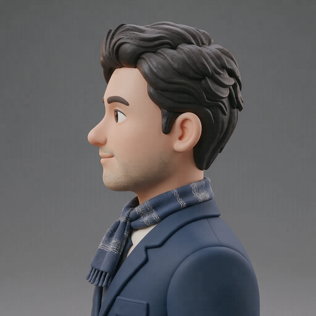 Illustration of one man in a neat uniform jacket with a folded scarf at the collar and dark hair, his head and shoulders seen in full profile from the side with his gaze level ahead and a calm closed-mouth expression, closely cropped so the head and shoulders fill most of the picture, hands not visible, a plain pale background behind him, the lower edge left as empty background with nothing written on it (soft 3D)