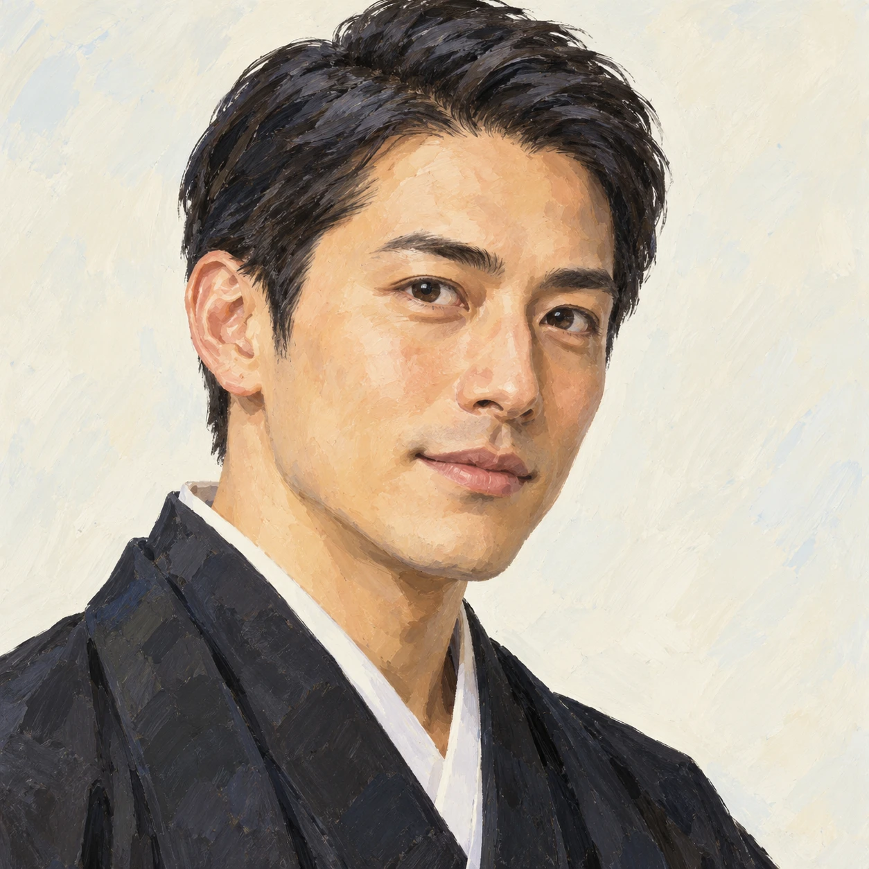 Illustration of one man in a dark New Year haori jacket over a kimono with neatly combed short hair, his head and shoulders seen at a three-quarter angle with his face turned slightly to one side, both eyes visible and looking at the viewer with a calm closed-mouth expression, closely cropped so the head and shoulders fill most of the picture, hands not visible, a plain pale background behind him, the lower edge left as empty background with nothing written on it (gouache)
