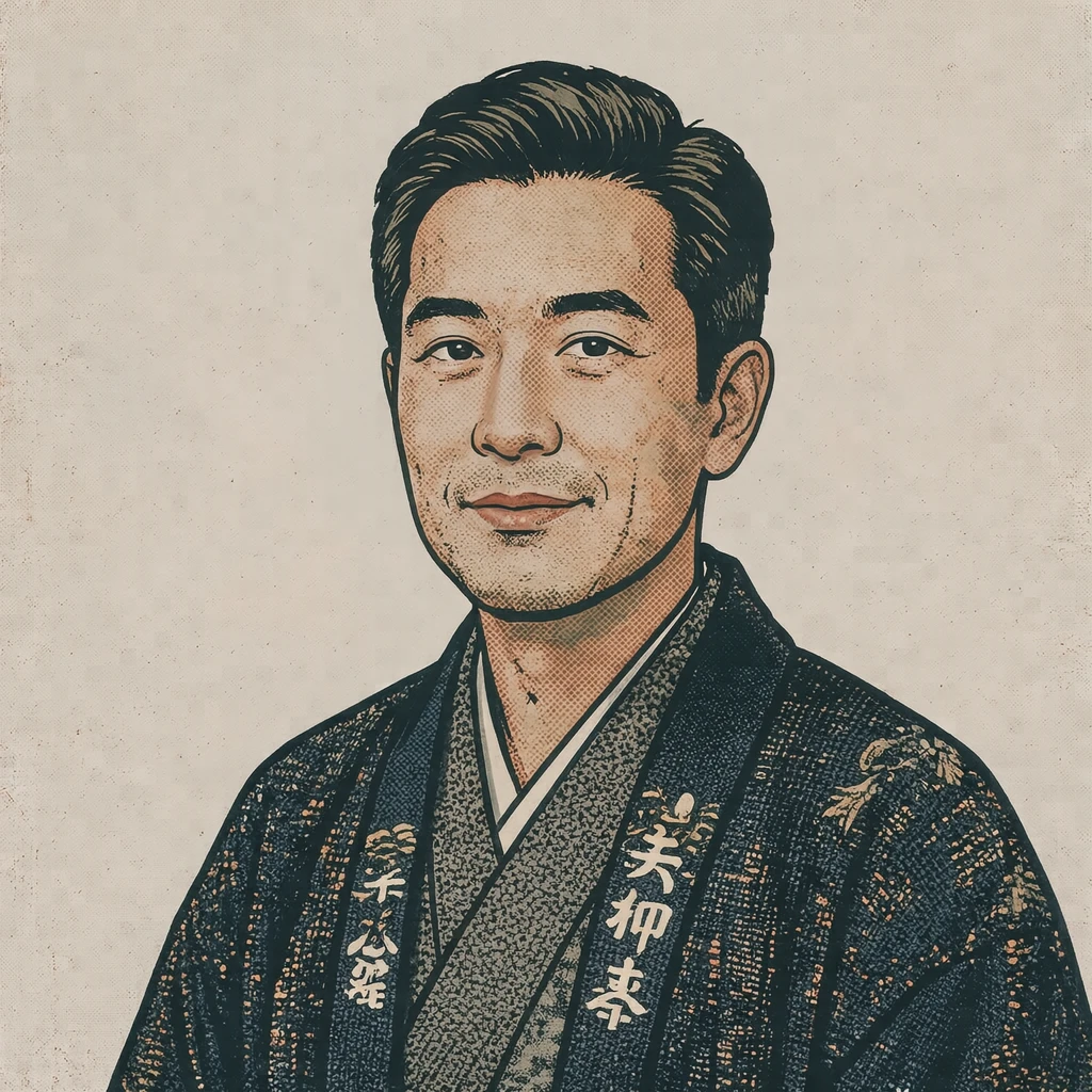 Illustration of one man in a dark New Year haori jacket over a kimono with neatly combed short hair, his head and shoulders seen at a three-quarter angle with his face turned slightly to one side, both eyes visible and looking at the viewer with a calm closed-mouth expression, closely cropped so the head and shoulders fill most of the picture, hands not visible, a plain pale background behind him, the lower edge left as empty background with nothing written on it (retro print)