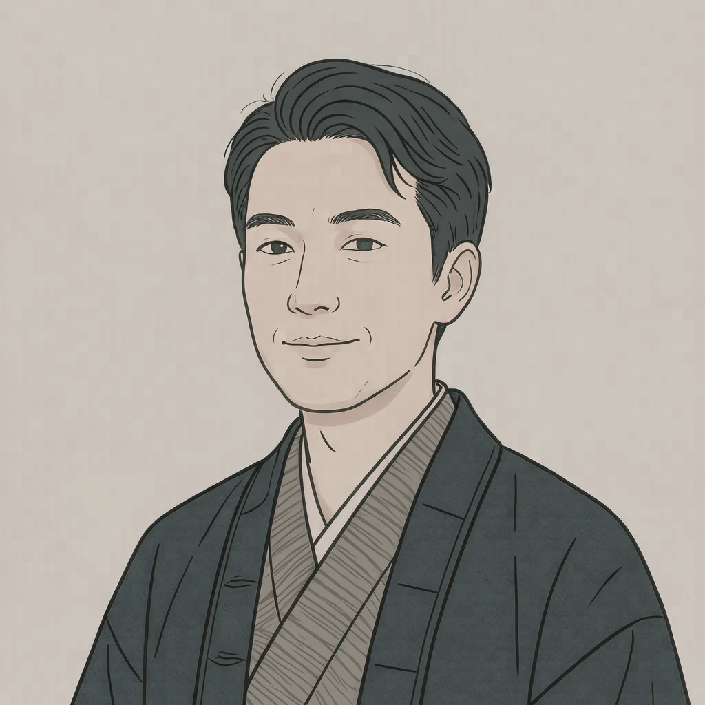 Illustration of one man in a dark New Year haori jacket over a kimono with neatly combed short hair, his head and shoulders seen at a three-quarter angle with his face turned slightly to one side, both eyes visible and looking at the viewer with a calm closed-mouth expression, closely cropped so the head and shoulders fill most of the picture, hands not visible, a plain pale background behind him, the lower edge left as empty background with nothing written on it (simple line art)