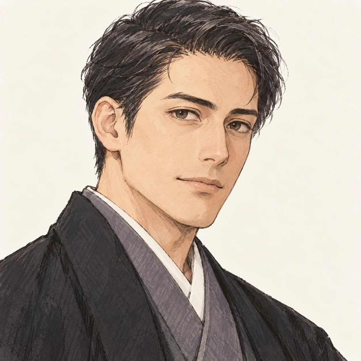 Illustration of one man in a dark New Year haori jacket over a kimono with neatly combed short hair, his head and shoulders seen at a three-quarter angle with his face turned slightly to one side, both eyes visible and looking at the viewer with a calm closed-mouth expression, closely cropped so the head and shoulders fill most of the picture, hands not visible, a plain pale background behind him, the lower edge left as empty background with nothing written on it (hand-drawn)