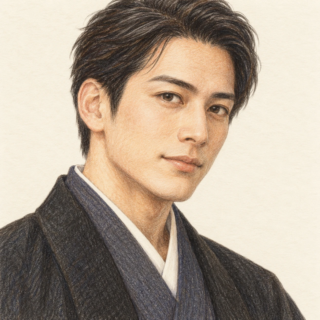 Illustration of one man in a dark New Year haori jacket over a kimono with neatly combed short hair, his head and shoulders seen at a three-quarter angle with his face turned slightly to one side, both eyes visible and looking at the viewer with a calm closed-mouth expression, closely cropped so the head and shoulders fill most of the picture, hands not visible, a plain pale background behind him, the lower edge left as empty background with nothing written on it (colored pencil)