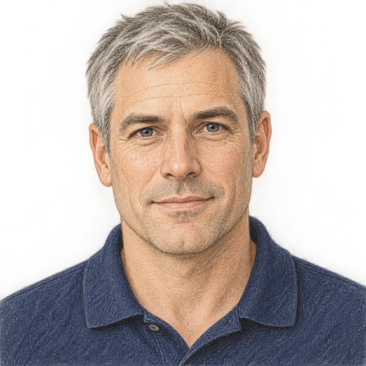 Illustration of one man in a plain navy polo shirt with cropped grey hair, his head and shoulders seen straight from the front with both eyes looking at the viewer and a calm closed-mouth expression, closely cropped so the head and shoulders fill most of the picture, hands not visible, a plain pale background behind him, the lower edge left as empty background with nothing written on it (colored pencil)