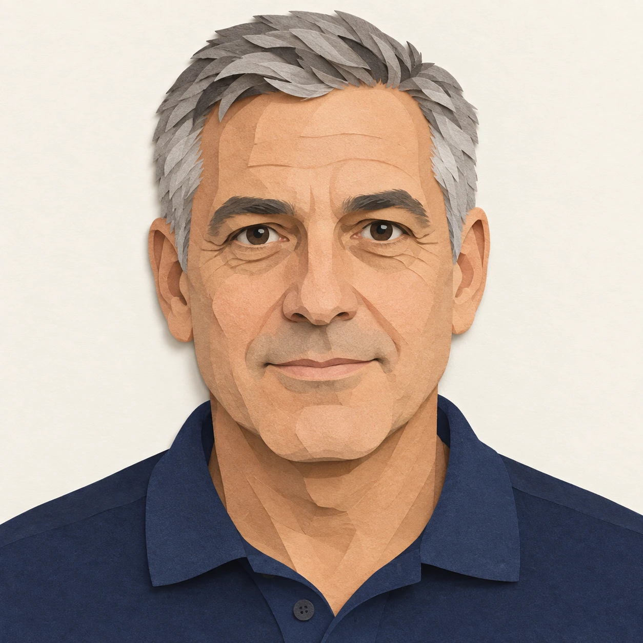 Illustration of one man in a plain navy polo shirt with cropped grey hair, his head and shoulders seen straight from the front with both eyes looking at the viewer and a calm closed-mouth expression, closely cropped so the head and shoulders fill most of the picture, hands not visible, a plain pale background behind him, the lower edge left as empty background with nothing written on it (paper cut-out)