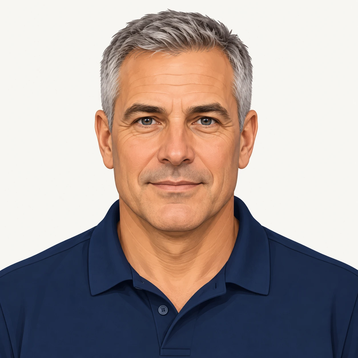 Illustration of one man in a plain navy polo shirt with cropped grey hair, his head and shoulders seen straight from the front with both eyes looking at the viewer and a calm closed-mouth expression, closely cropped so the head and shoulders fill most of the picture, hands not visible, a plain pale background behind him, the lower edge left as empty background with nothing written on it (isometric)