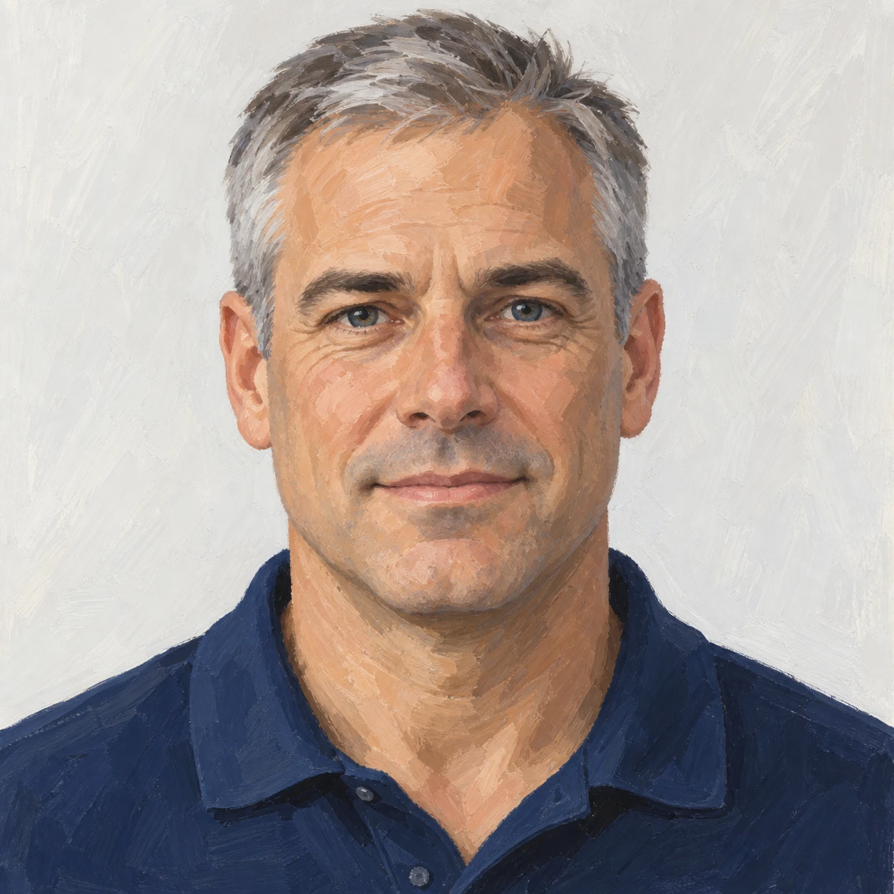 Illustration of one man in a plain navy polo shirt with cropped grey hair, his head and shoulders seen straight from the front with both eyes looking at the viewer and a calm closed-mouth expression, closely cropped so the head and shoulders fill most of the picture, hands not visible, a plain pale background behind him, the lower edge left as empty background with nothing written on it (gouache)
