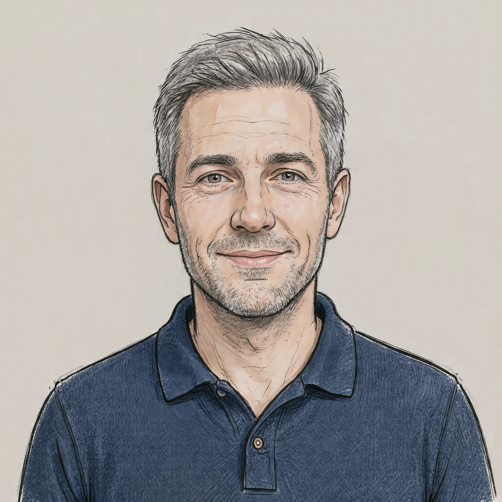 Illustration of one man in a plain navy polo shirt with cropped grey hair, his head and shoulders seen straight from the front with both eyes looking at the viewer and a calm closed-mouth expression, closely cropped so the head and shoulders fill most of the picture, hands not visible, a plain pale background behind him, the lower edge left as empty background with nothing written on it (hand-drawn)