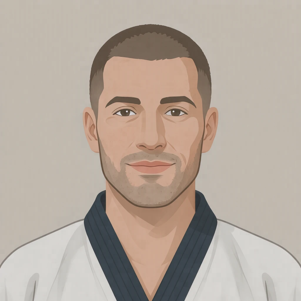 Illustration of one man in a white martial arts uniform with the lapels crossed at the chest and close-cropped hair, his head and shoulders seen straight from the front with both eyes looking at the viewer and a calm closed-mouth expression, closely cropped so the head and shoulders fill most of the picture, hands not visible, a plain pale background behind him, the lower edge left as empty background with nothing written on it (flat illustration)