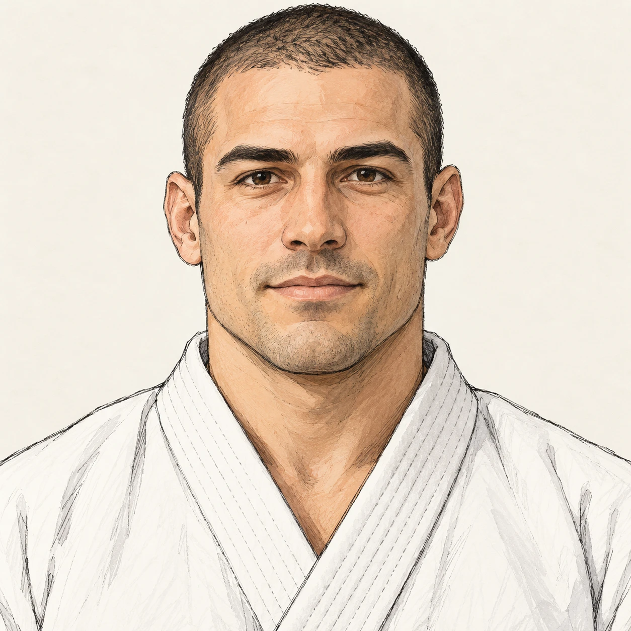 Illustration of one man in a white martial arts uniform with the lapels crossed at the chest and close-cropped hair, his head and shoulders seen straight from the front with both eyes looking at the viewer and a calm closed-mouth expression, closely cropped so the head and shoulders fill most of the picture, hands not visible, a plain pale background behind him, the lower edge left as empty background with nothing written on it (hand-drawn)