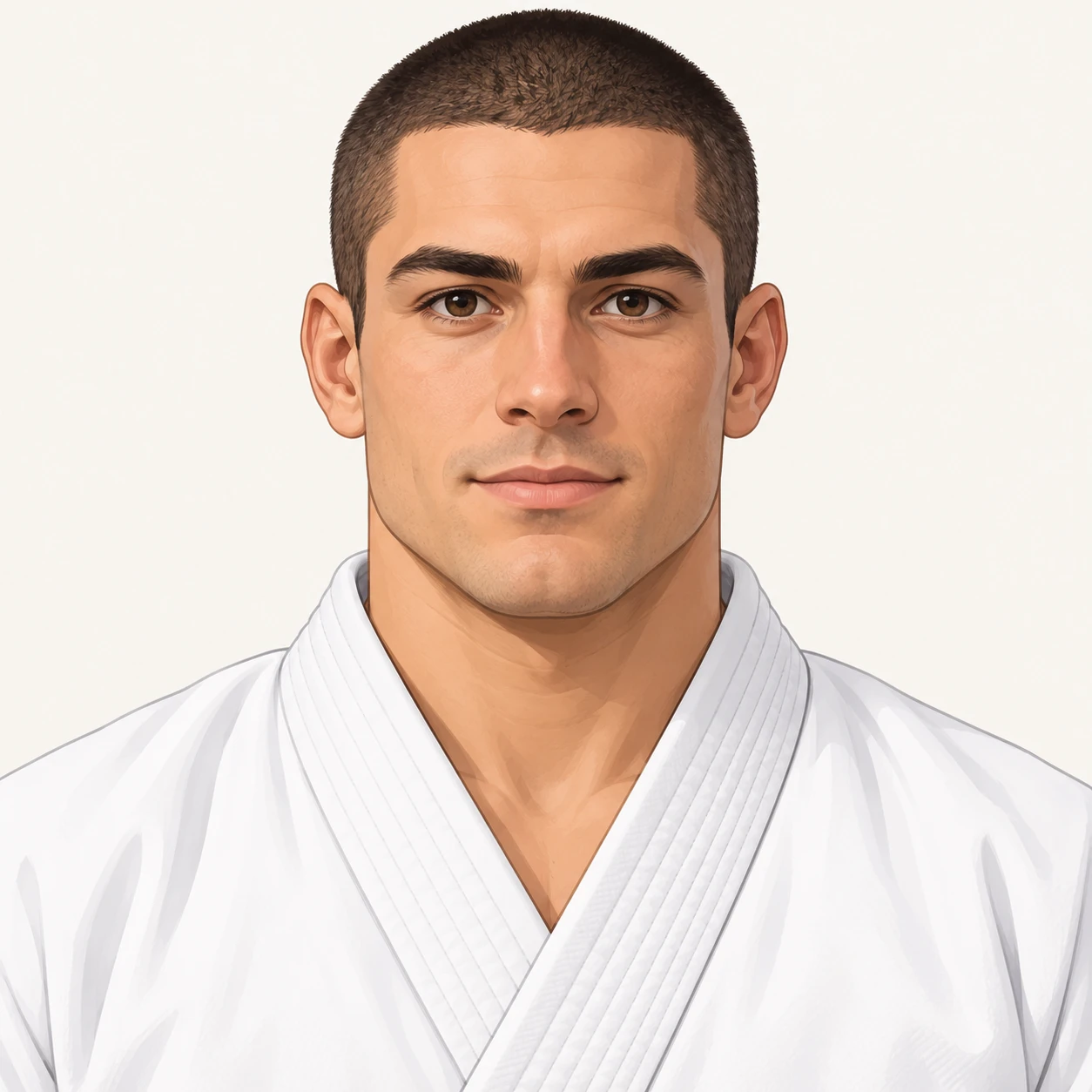 Illustration of one man in a white martial arts uniform with the lapels crossed at the chest and close-cropped hair, his head and shoulders seen straight from the front with both eyes looking at the viewer and a calm closed-mouth expression, closely cropped so the head and shoulders fill most of the picture, hands not visible, a plain pale background behind him, the lower edge left as empty background with nothing written on it (isometric)