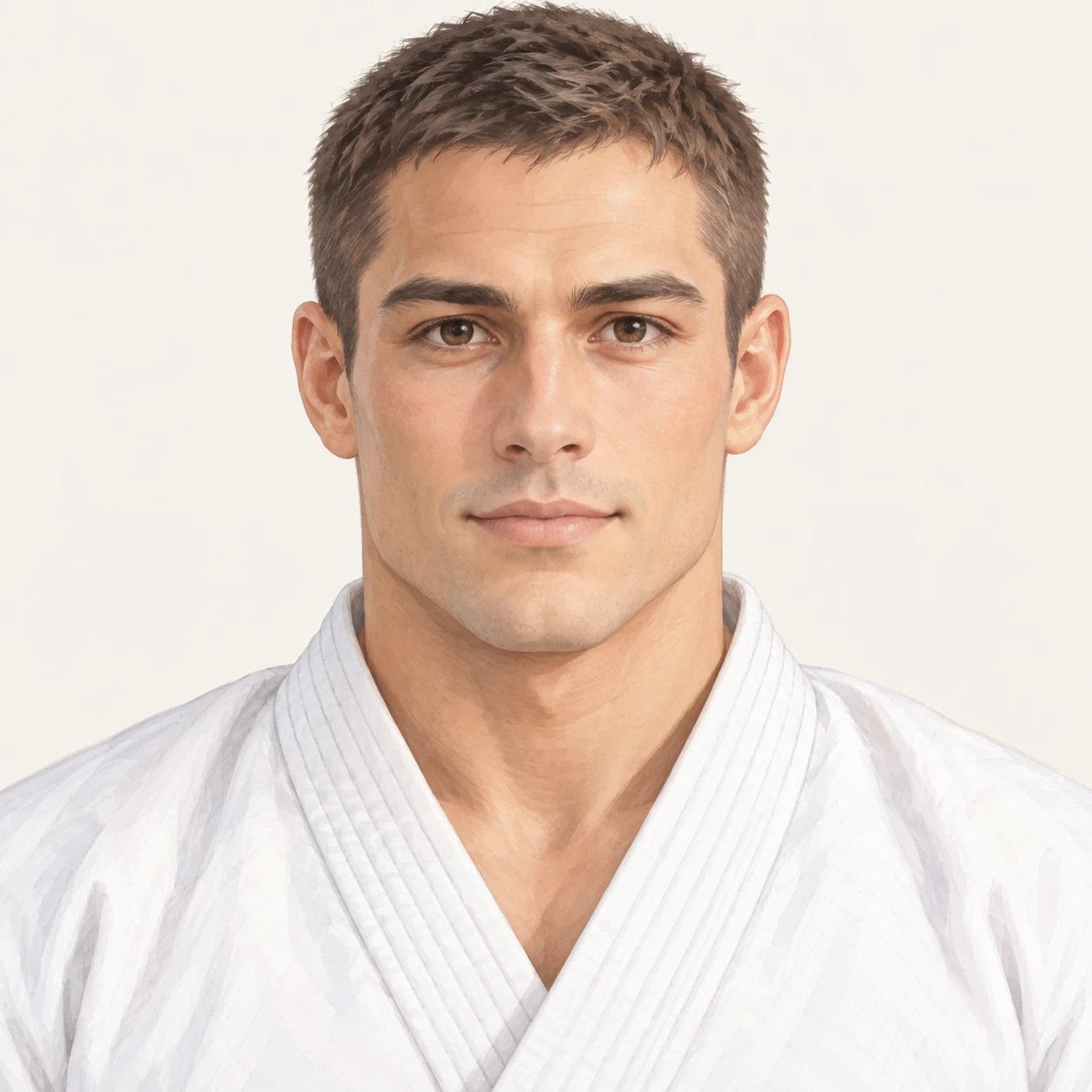Illustration of one man in a white martial arts uniform with the lapels crossed at the chest and close-cropped hair, his head and shoulders seen straight from the front with both eyes looking at the viewer and a calm closed-mouth expression, closely cropped so the head and shoulders fill most of the picture, hands not visible, a plain pale background behind him, the lower edge left as empty background with nothing written on it (soft pastel)