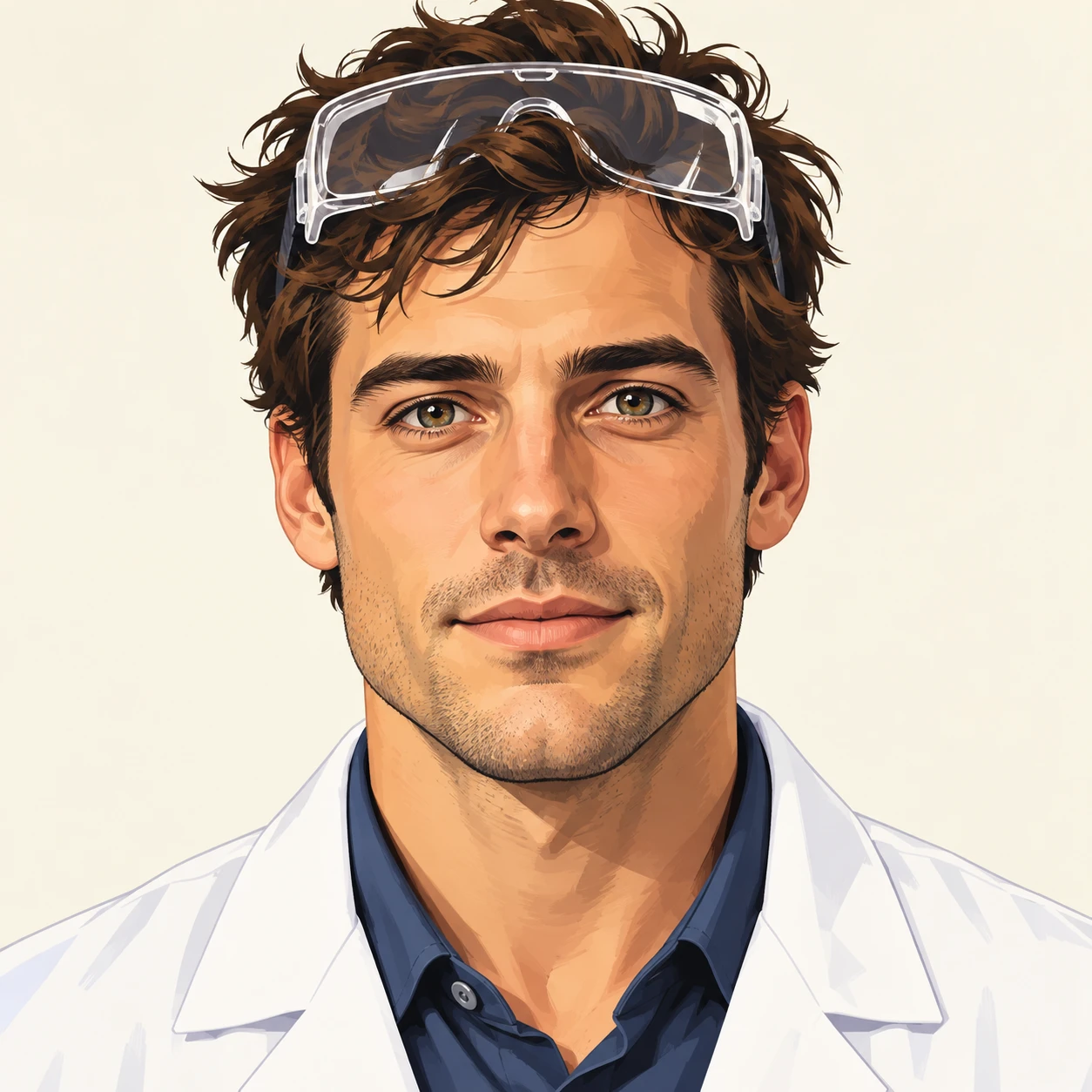 Illustration of one man in a white lab coat with clear safety goggles pushed up onto his forehead and short tousled hair, his head and shoulders seen straight from the front with both eyes looking at the viewer and a calm closed-mouth expression, closely cropped so the head and shoulders fill most of the picture, hands not visible, a plain pale background behind him, the lower edge left as empty background with nothing written on it (bold graphic)