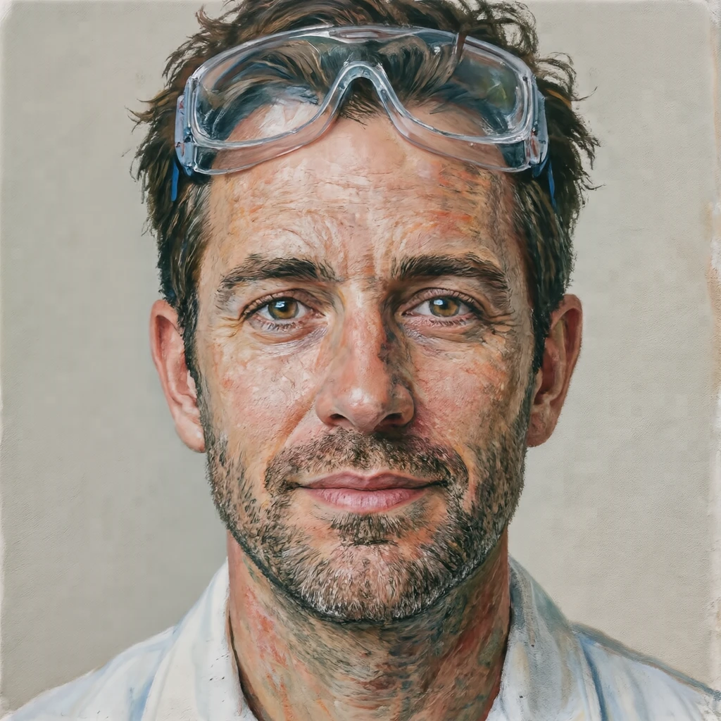 Illustration of one man in a white lab coat with clear safety goggles pushed up onto his forehead and short tousled hair, his head and shoulders seen straight from the front with both eyes looking at the viewer and a calm closed-mouth expression, closely cropped so the head and shoulders fill most of the picture, hands not visible, a plain pale background behind him, the lower edge left as empty background with nothing written on it (gouache)