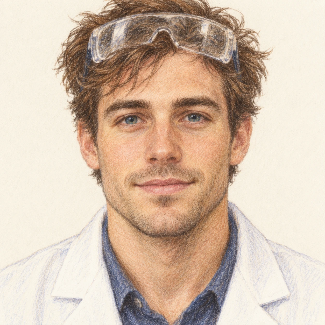 Illustration of one man in a white lab coat with clear safety goggles pushed up onto his forehead and short tousled hair, his head and shoulders seen straight from the front with both eyes looking at the viewer and a calm closed-mouth expression, closely cropped so the head and shoulders fill most of the picture, hands not visible, a plain pale background behind him, the lower edge left as empty background with nothing written on it (colored pencil)