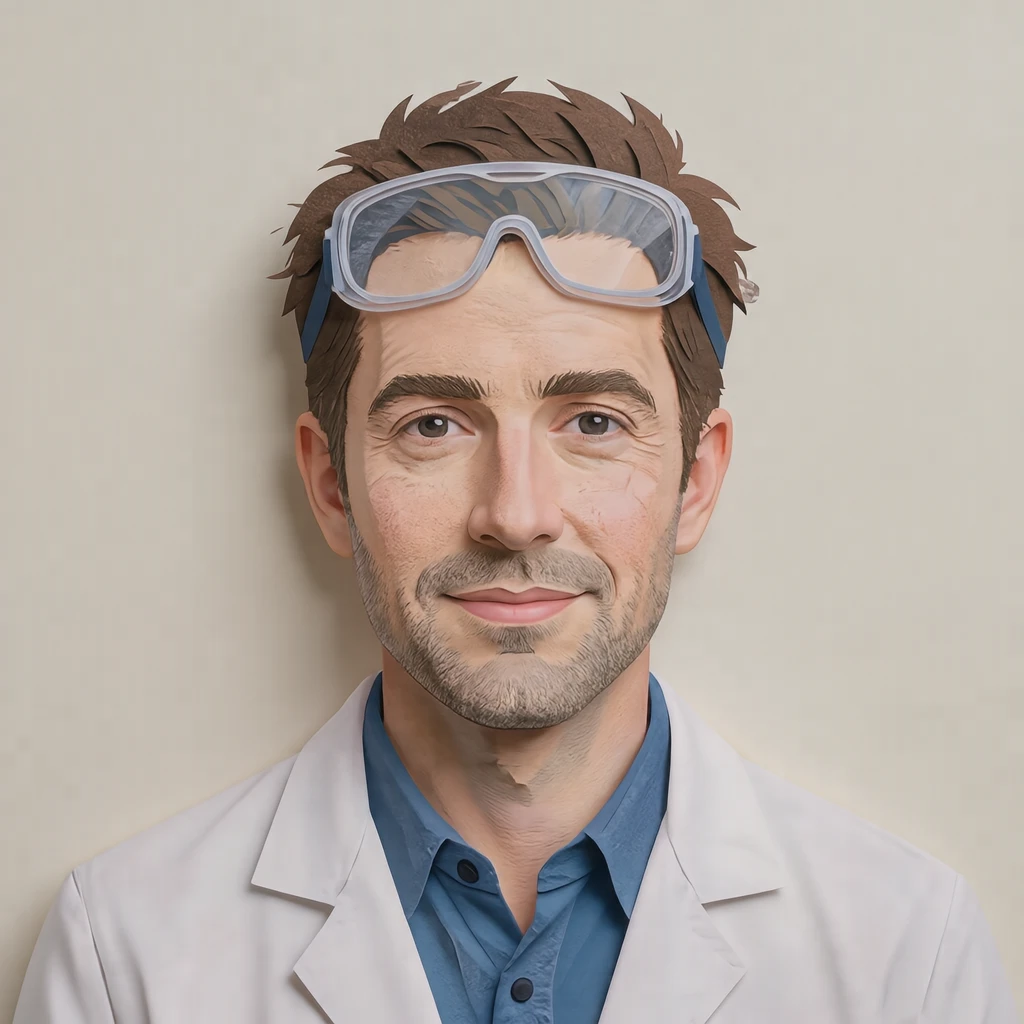Illustration of one man in a white lab coat with clear safety goggles pushed up onto his forehead and short tousled hair, his head and shoulders seen straight from the front with both eyes looking at the viewer and a calm closed-mouth expression, closely cropped so the head and shoulders fill most of the picture, hands not visible, a plain pale background behind him, the lower edge left as empty background with nothing written on it (paper cut-out)