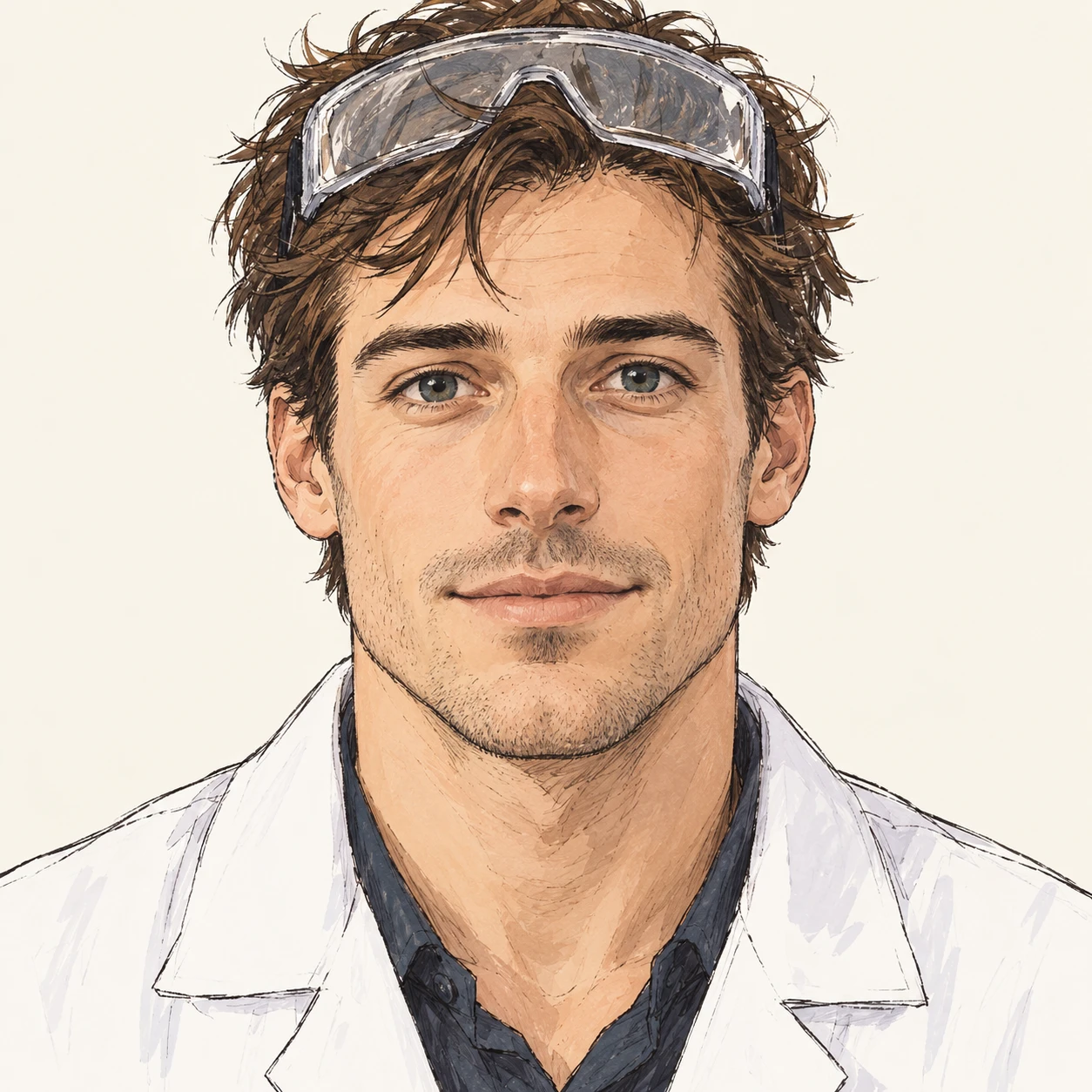 Illustration of one man in a white lab coat with clear safety goggles pushed up onto his forehead and short tousled hair, his head and shoulders seen straight from the front with both eyes looking at the viewer and a calm closed-mouth expression, closely cropped so the head and shoulders fill most of the picture, hands not visible, a plain pale background behind him, the lower edge left as empty background with nothing written on it (hand-drawn)