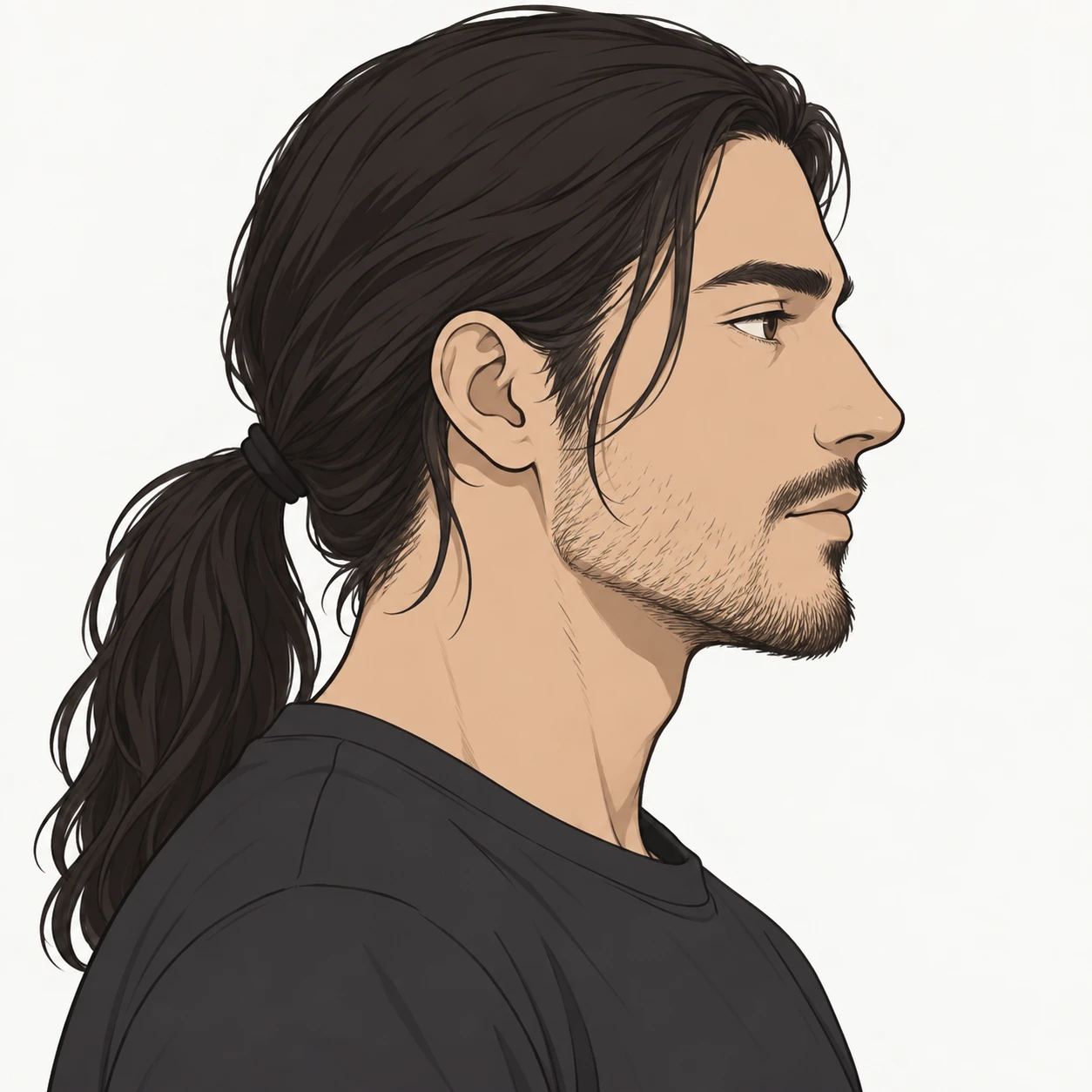 Illustration of one man with long dark hair gathered into a low ponytail and a charcoal shirt, his head and shoulders seen in full profile from the side with his gaze level ahead and a calm closed-mouth expression, closely cropped so the head and shoulders fill most of the picture, hands not visible, a plain pale background behind him, the lower edge left as empty background with nothing written on it (simple line art)