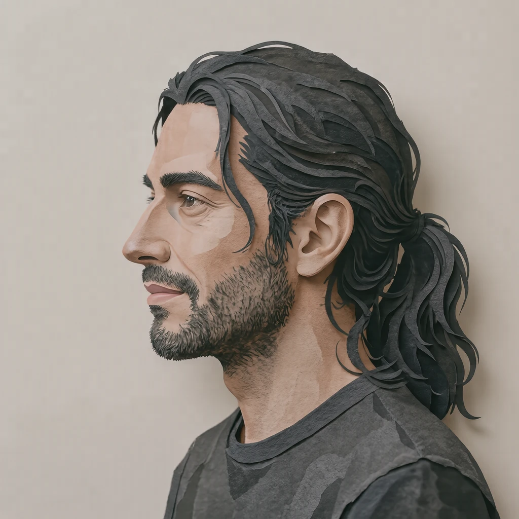 Illustration of one man with long dark hair gathered into a low ponytail and a charcoal shirt, his head and shoulders seen in full profile from the side with his gaze level ahead and a calm closed-mouth expression, closely cropped so the head and shoulders fill most of the picture, hands not visible, a plain pale background behind him, the lower edge left as empty background with nothing written on it (paper cut-out)