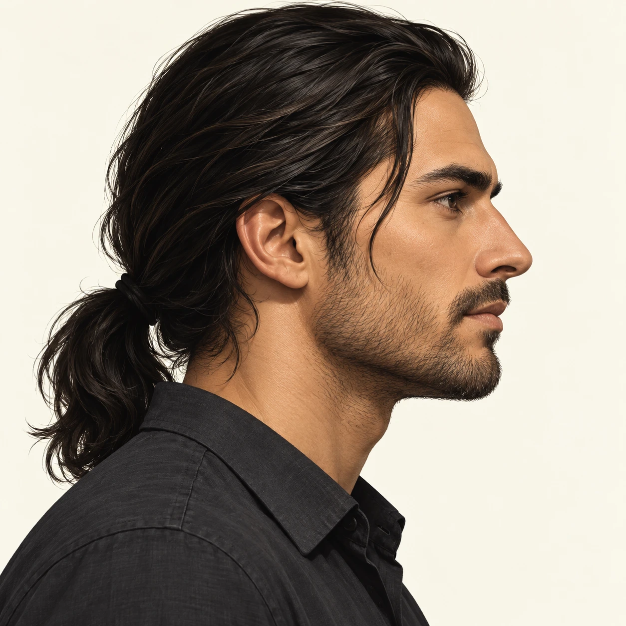 Illustration of one man with long dark hair gathered into a low ponytail and a charcoal shirt, his head and shoulders seen in full profile from the side with his gaze level ahead and a calm closed-mouth expression, closely cropped so the head and shoulders fill most of the picture, hands not visible, a plain pale background behind him, the lower edge left as empty background with nothing written on it (bold graphic)