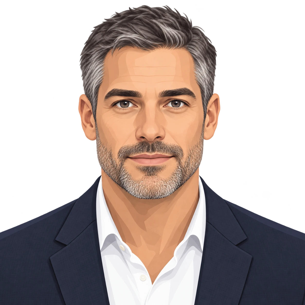 Illustration of one man in a tailored jacket with short salt and pepper hair, his head and shoulders seen straight from the front with both eyes looking at the viewer and a calm closed-mouth expression, closely cropped so the head and shoulders fill most of the picture, hands not visible, a plain pale background behind him, the lower edge left as empty background with nothing written on it (isometric)