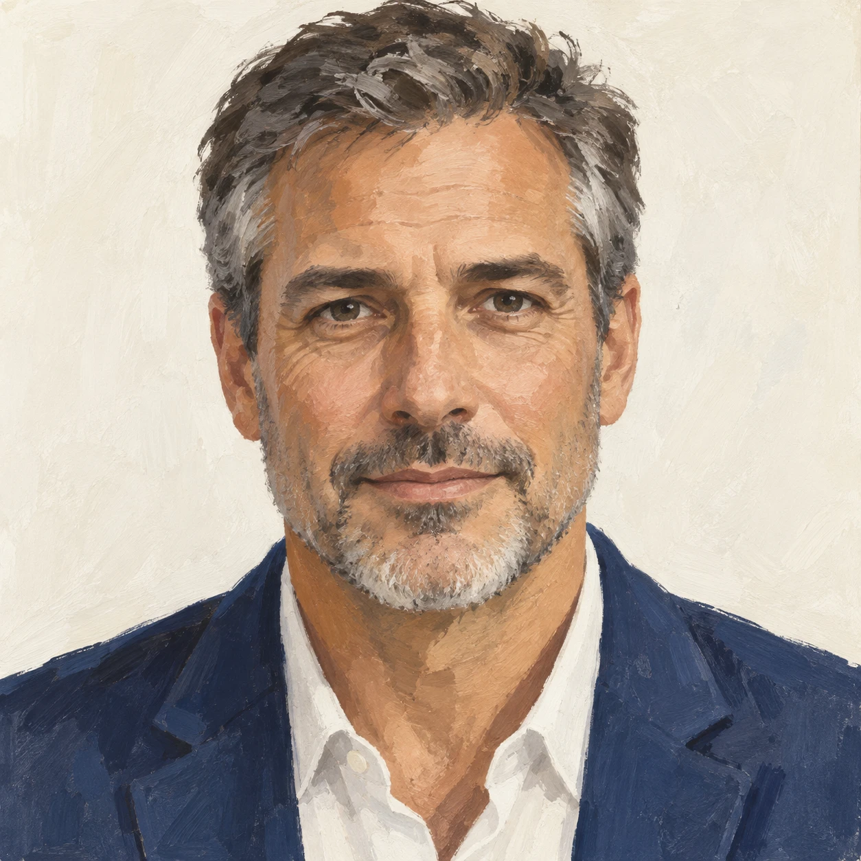 Illustration of one man in a tailored jacket with short salt and pepper hair, his head and shoulders seen straight from the front with both eyes looking at the viewer and a calm closed-mouth expression, closely cropped so the head and shoulders fill most of the picture, hands not visible, a plain pale background behind him, the lower edge left as empty background with nothing written on it (gouache)