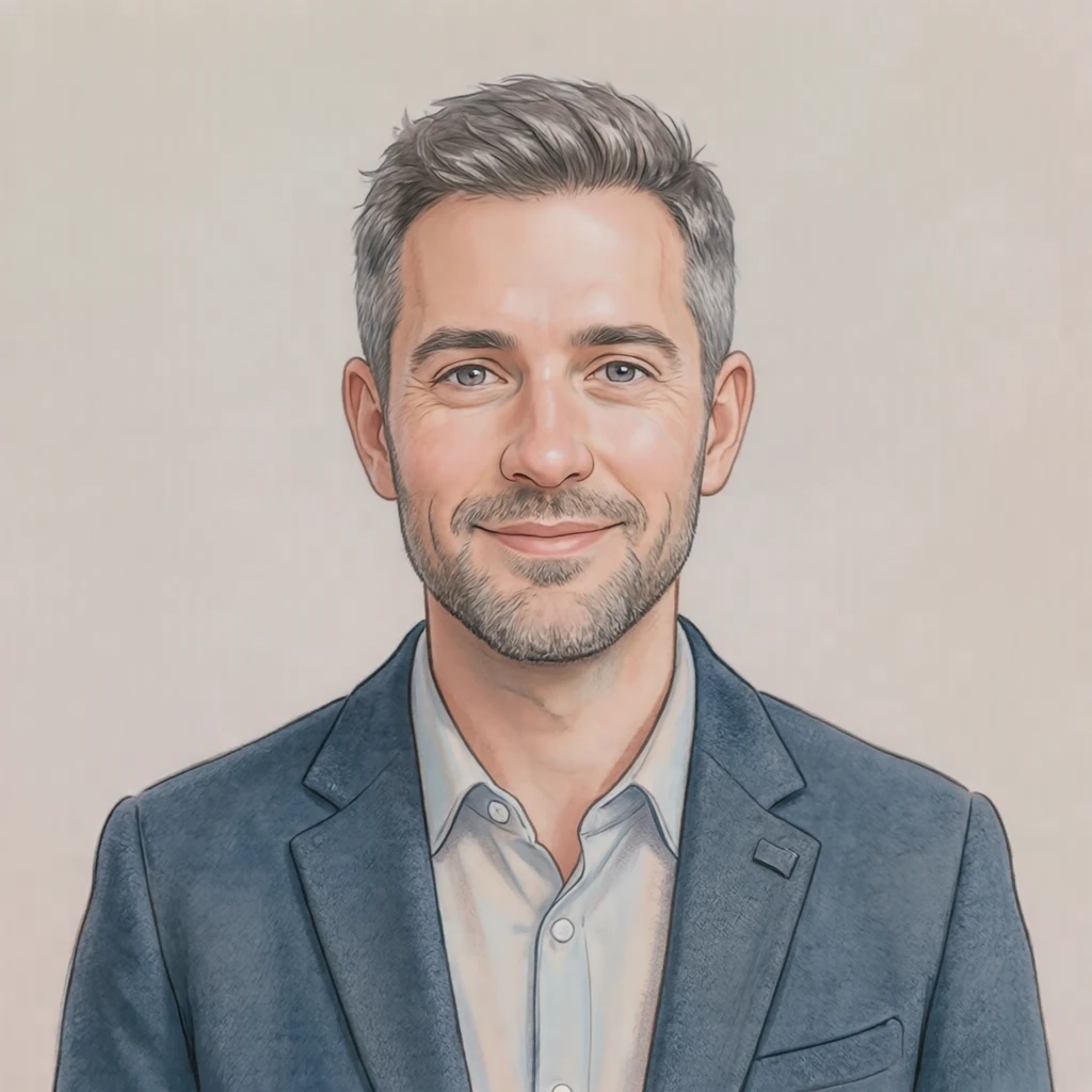 Illustration of one man in a tailored jacket with short salt and pepper hair, his head and shoulders seen straight from the front with both eyes looking at the viewer and a calm closed-mouth expression, closely cropped so the head and shoulders fill most of the picture, hands not visible, a plain pale background behind him, the lower edge left as empty background with nothing written on it (soft pastel)