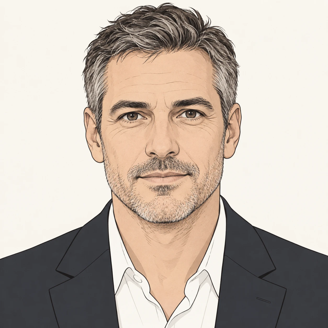 Illustration of one man in a tailored jacket with short salt and pepper hair, his head and shoulders seen straight from the front with both eyes looking at the viewer and a calm closed-mouth expression, closely cropped so the head and shoulders fill most of the picture, hands not visible, a plain pale background behind him, the lower edge left as empty background with nothing written on it (simple line art)
