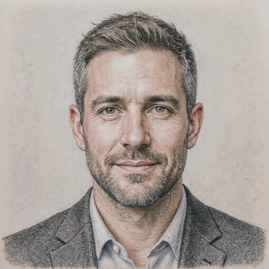 Illustration of one man in a tailored jacket with short salt and pepper hair, his head and shoulders seen straight from the front with both eyes looking at the viewer and a calm closed-mouth expression, closely cropped so the head and shoulders fill most of the picture, hands not visible, a plain pale background behind him, the lower edge left as empty background with nothing written on it (colored pencil)