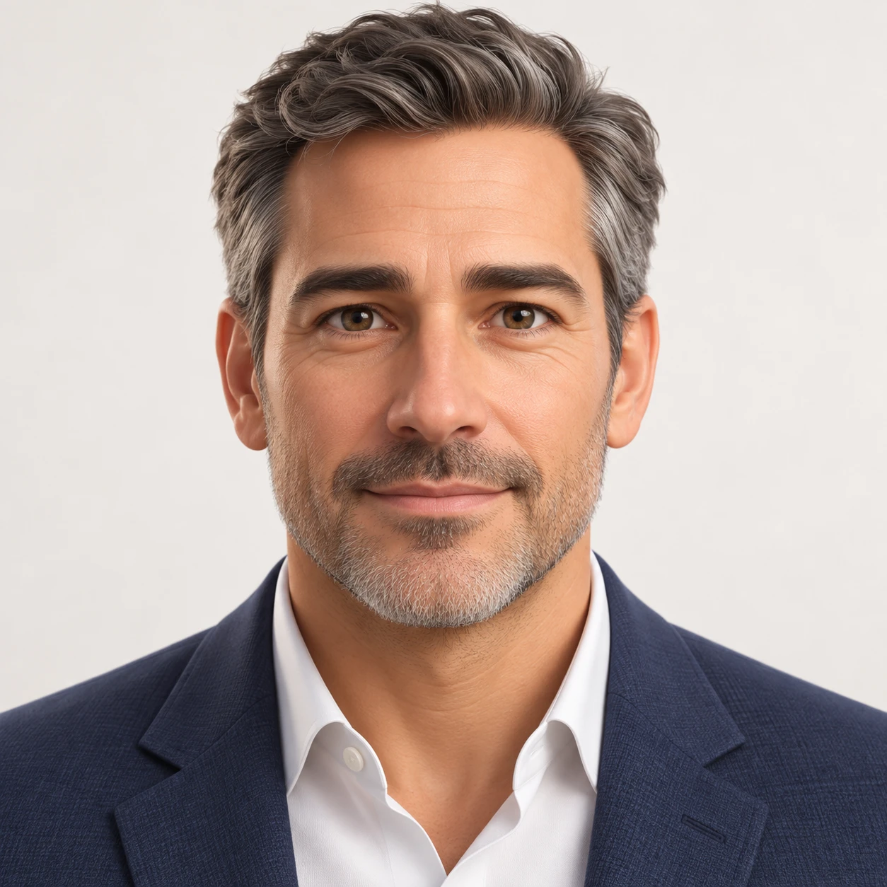 Illustration of one man in a tailored jacket with short salt and pepper hair, his head and shoulders seen straight from the front with both eyes looking at the viewer and a calm closed-mouth expression, closely cropped so the head and shoulders fill most of the picture, hands not visible, a plain pale background behind him, the lower edge left as empty background with nothing written on it (soft 3D)