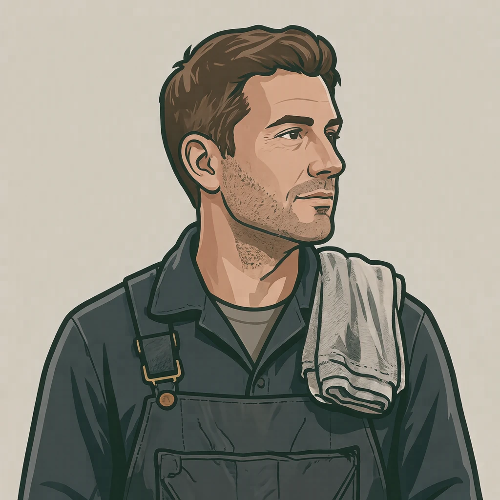 Illustration of one man in a dark work overall with a folded shop rag over one shoulder and short brown hair, his head and shoulders seen in full profile from the side with his gaze level ahead and a calm closed-mouth expression, closely cropped so the head and shoulders fill most of the picture, hands not visible, a plain pale background behind him, the lower edge left as empty background with nothing written on it (bold graphic)
