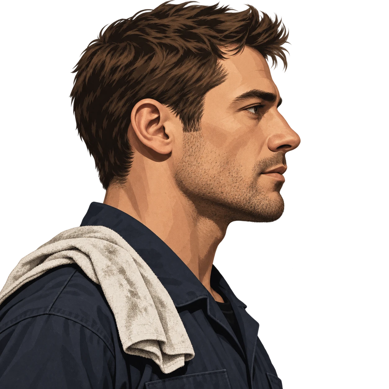 Illustration of one man in a dark work overall with a folded shop rag over one shoulder and short brown hair, his head and shoulders seen in full profile from the side with his gaze level ahead and a calm closed-mouth expression, closely cropped so the head and shoulders fill most of the picture, hands not visible, a plain pale background behind him, the lower edge left as empty background with nothing written on it (bold graphic)