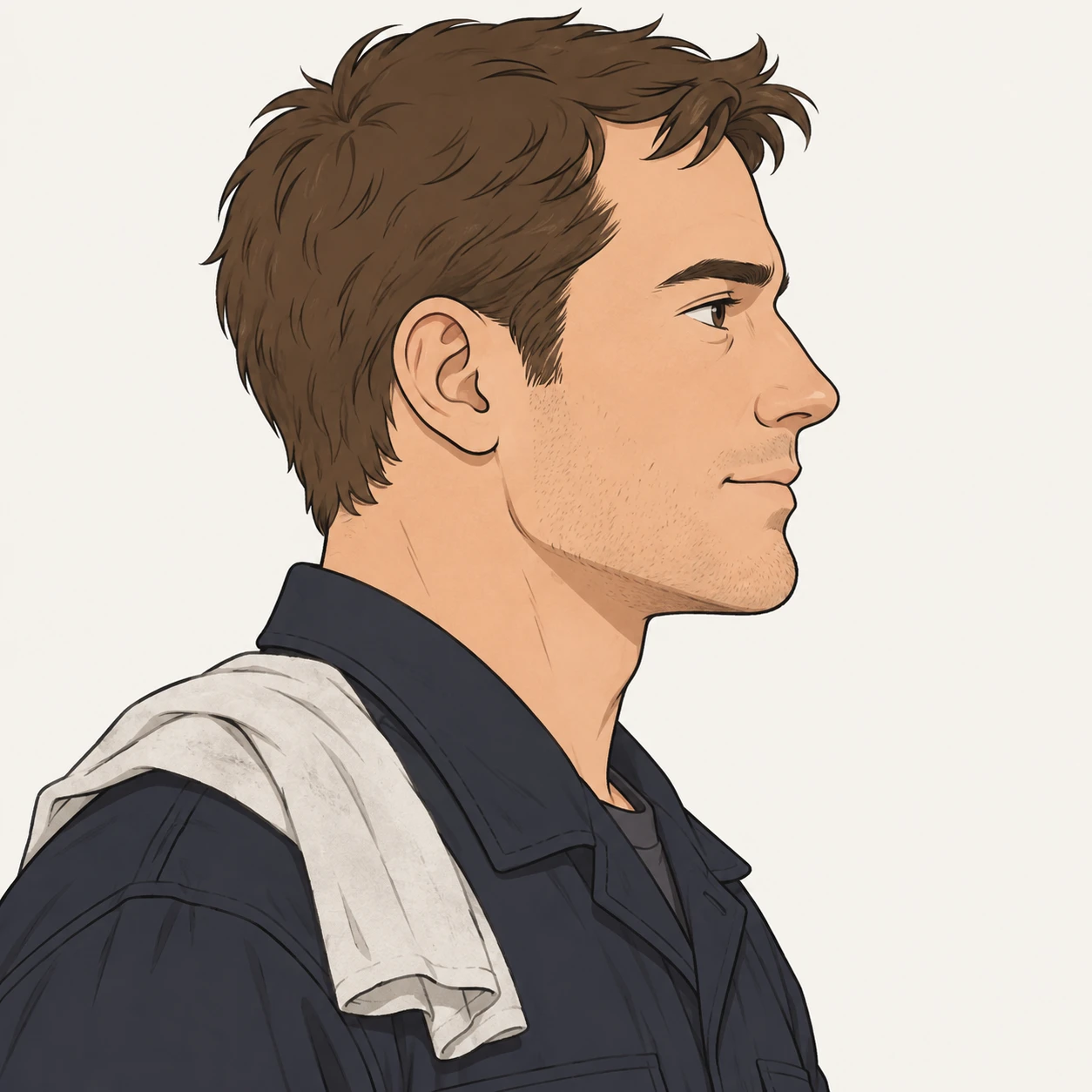 Illustration of one man in a dark work overall with a folded shop rag over one shoulder and short brown hair, his head and shoulders seen in full profile from the side with his gaze level ahead and a calm closed-mouth expression, closely cropped so the head and shoulders fill most of the picture, hands not visible, a plain pale background behind him, the lower edge left as empty background with nothing written on it (simple line art)