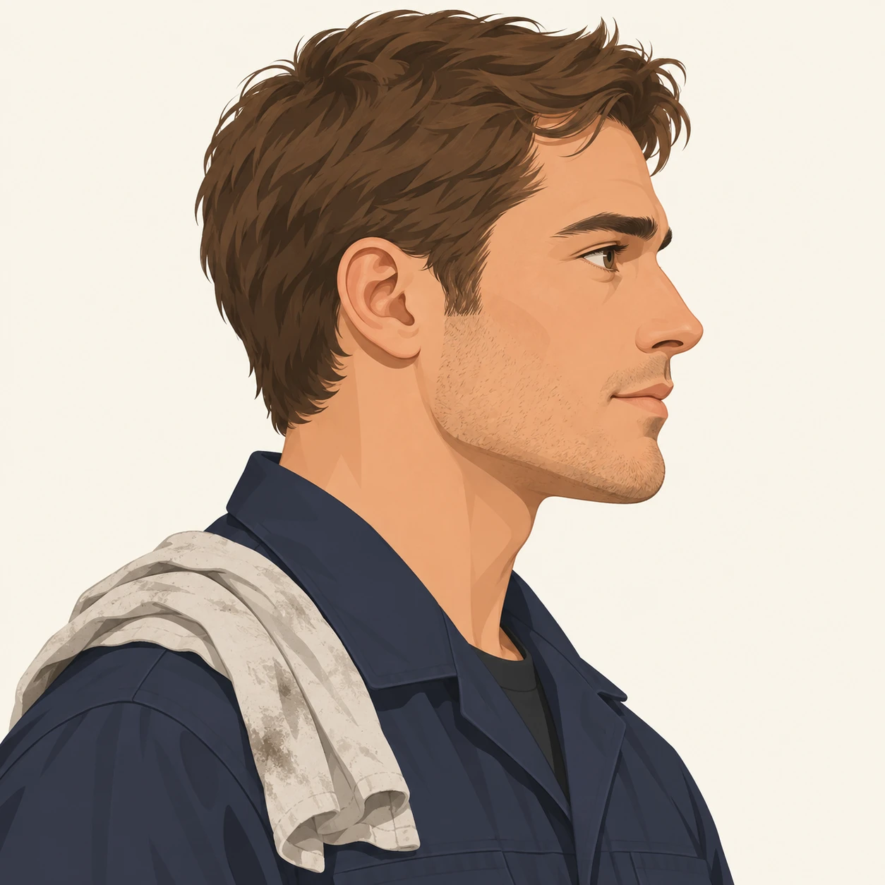 Illustration of one man in a dark work overall with a folded shop rag over one shoulder and short brown hair, his head and shoulders seen in full profile from the side with his gaze level ahead and a calm closed-mouth expression, closely cropped so the head and shoulders fill most of the picture, hands not visible, a plain pale background behind him, the lower edge left as empty background with nothing written on it (flat illustration)