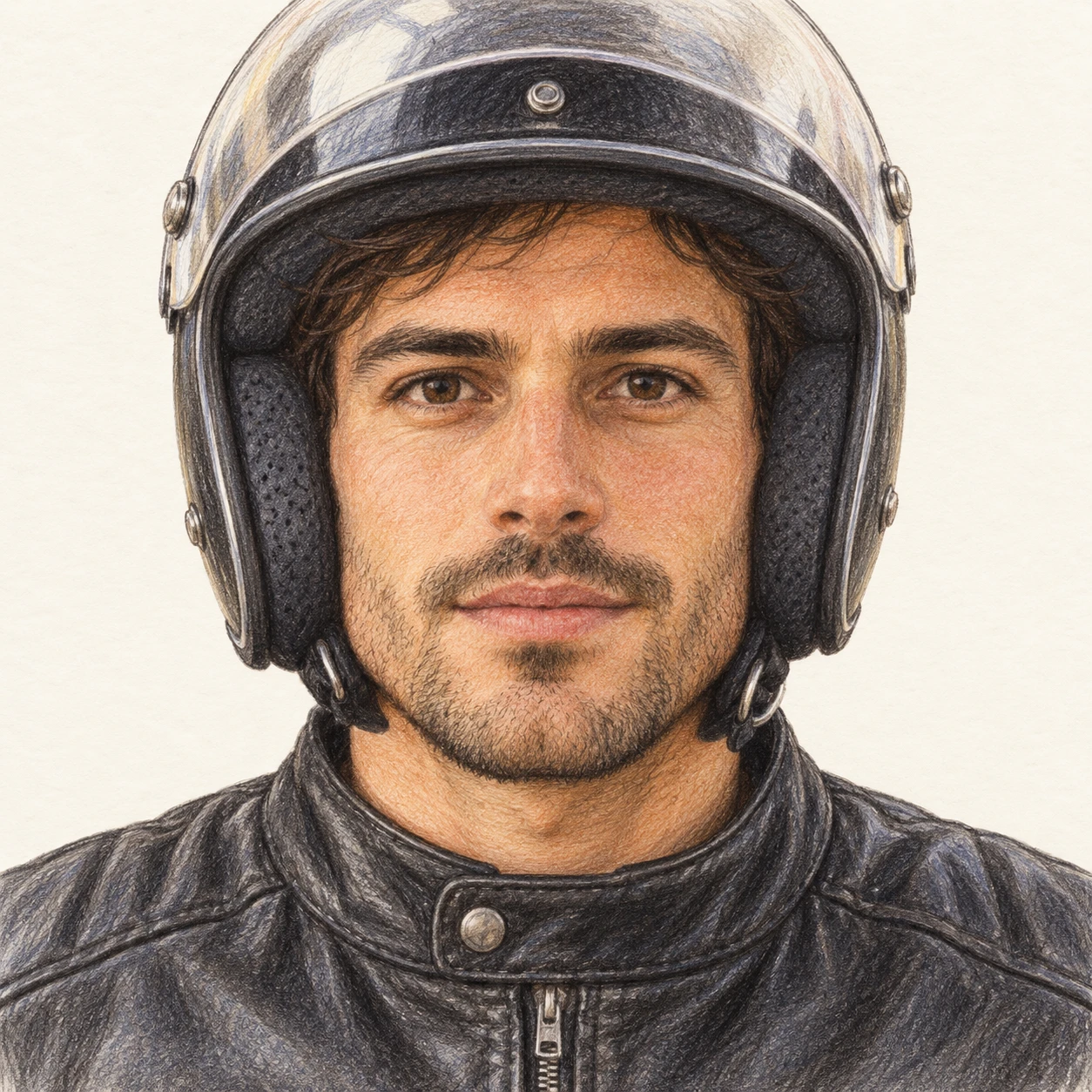 Illustration of one man in a black leather riding jacket wearing an open-face motorcycle helmet with the clear visor raised, his head and shoulders seen straight from the front with both eyes looking at the viewer and a calm closed-mouth expression, closely cropped so the head and shoulders fill most of the picture, hands not visible, a plain pale background behind him, the lower edge left as empty background with nothing written on it (colored pencil)