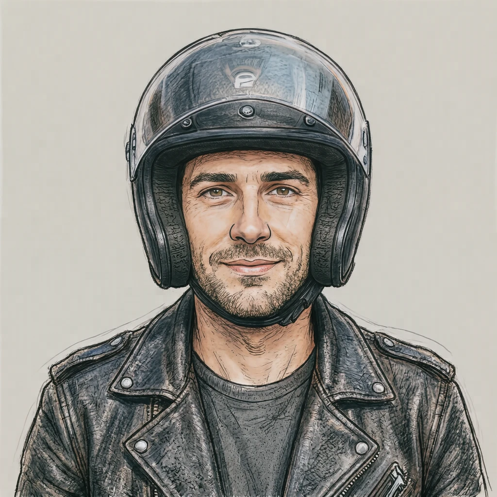 Illustration of one man in a black leather riding jacket wearing an open-face motorcycle helmet with the clear visor raised, his head and shoulders seen straight from the front with both eyes looking at the viewer and a calm closed-mouth expression, closely cropped so the head and shoulders fill most of the picture, hands not visible, a plain pale background behind him, the lower edge left as empty background with nothing written on it (hand-drawn)