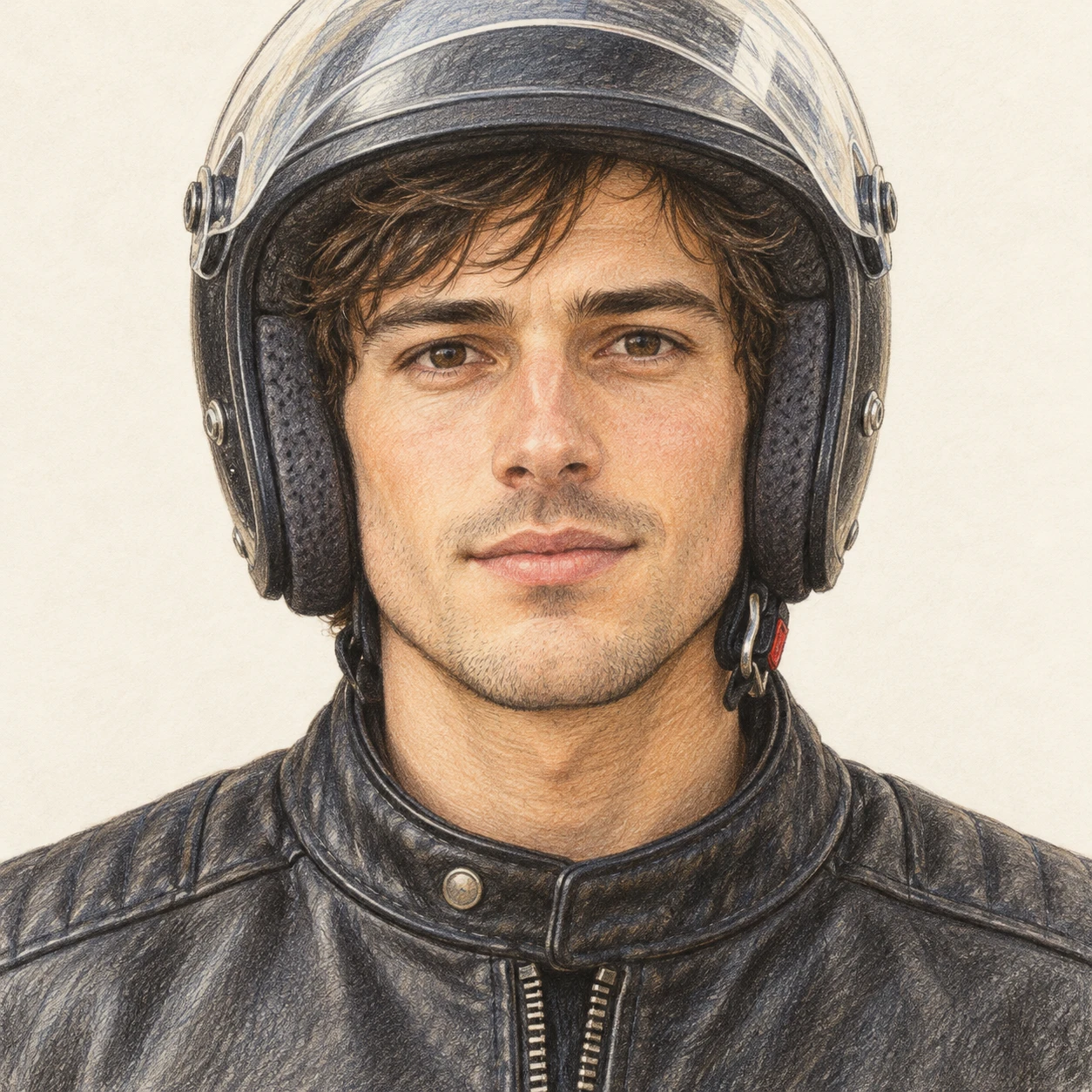 Illustration of one man in a black leather riding jacket wearing an open-face motorcycle helmet with the clear visor raised, his head and shoulders seen straight from the front with both eyes looking at the viewer and a calm closed-mouth expression, closely cropped so the head and shoulders fill most of the picture, hands not visible, a plain pale background behind him, the lower edge left as empty background with nothing written on it (colored pencil)