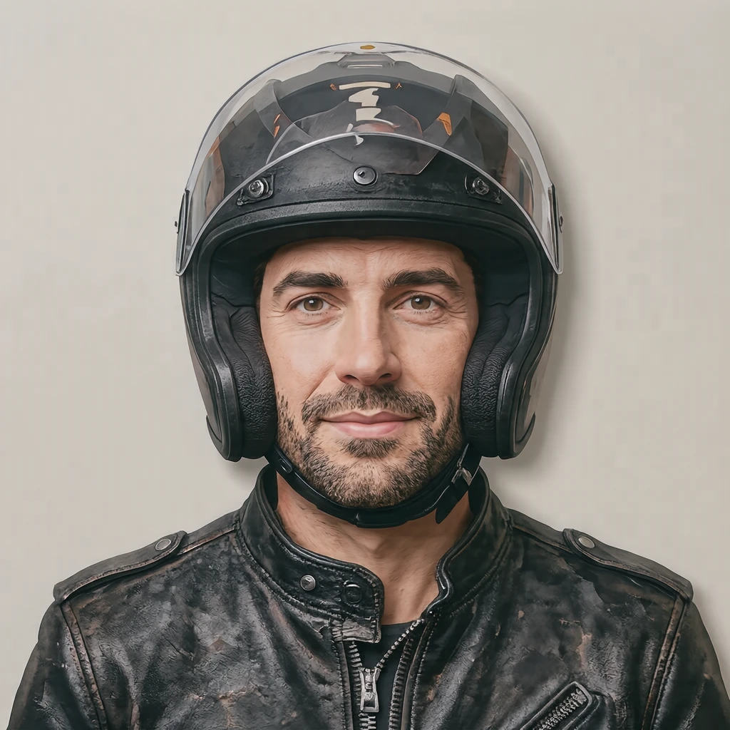 Illustration of one man in a black leather riding jacket wearing an open-face motorcycle helmet with the clear visor raised, his head and shoulders seen straight from the front with both eyes looking at the viewer and a calm closed-mouth expression, closely cropped so the head and shoulders fill most of the picture, hands not visible, a plain pale background behind him, the lower edge left as empty background with nothing written on it (paper cut-out)