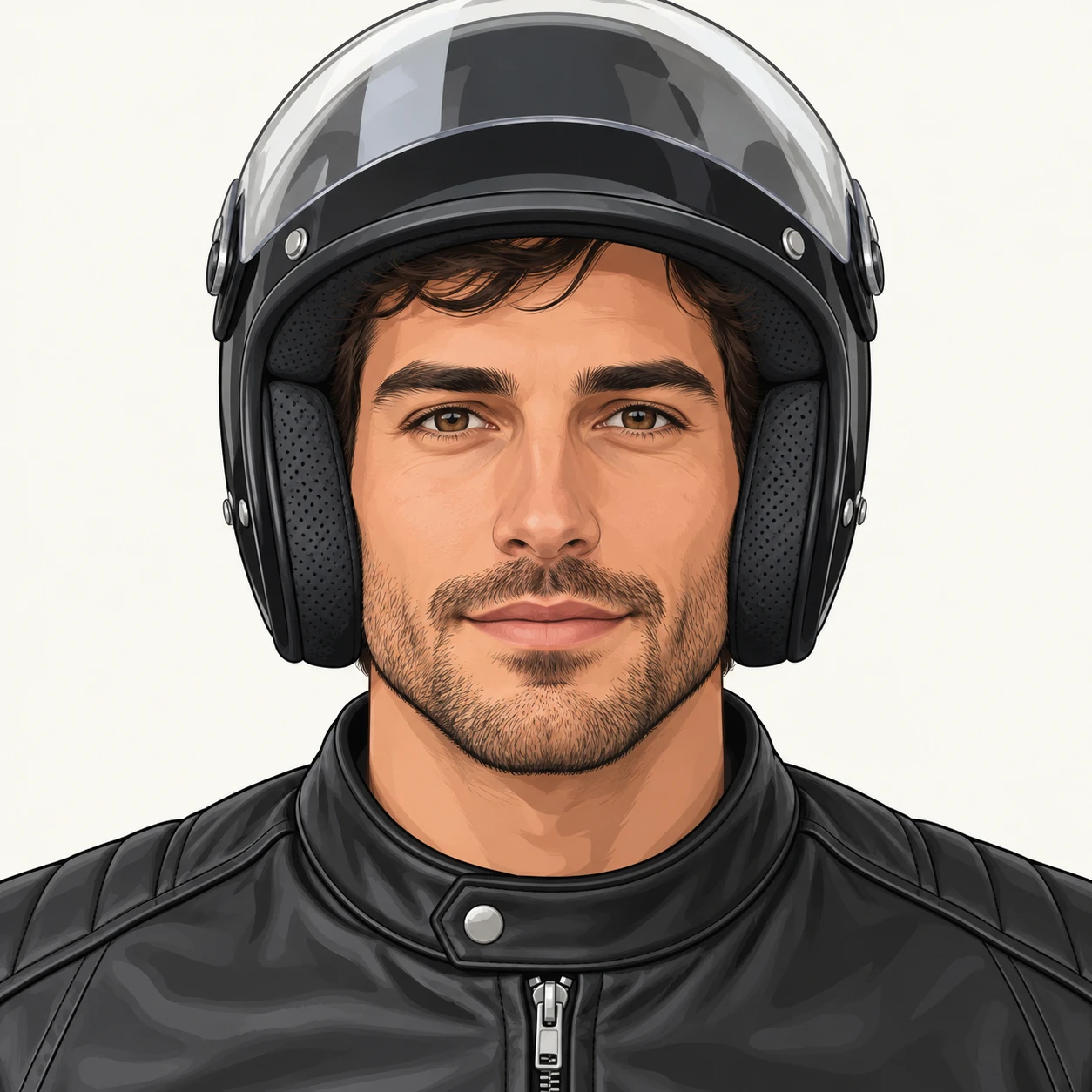 Illustration of one man in a black leather riding jacket wearing an open-face motorcycle helmet with the clear visor raised, his head and shoulders seen straight from the front with both eyes looking at the viewer and a calm closed-mouth expression, closely cropped so the head and shoulders fill most of the picture, hands not visible, a plain pale background behind him, the lower edge left as empty background with nothing written on it (flat illustration)