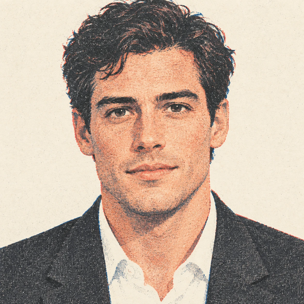 Illustration of one man in a charcoal suit jacket over a white shirt with short dark hair, his head and shoulders seen straight from the front with both eyes looking at the viewer and a calm closed-mouth expression, closely cropped so the head and shoulders fill most of the picture, hands not visible, a plain pale background behind him, the lower edge left as empty background with nothing written on it (retro print)