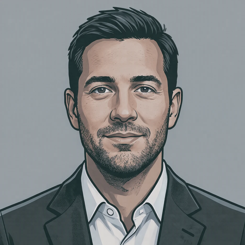 Illustration of one man in a charcoal suit jacket over a white shirt with short dark hair, his head and shoulders seen straight from the front with both eyes looking at the viewer and a calm closed-mouth expression, closely cropped so the head and shoulders fill most of the picture, hands not visible, a plain pale background behind him, the lower edge left as empty background with nothing written on it (bold graphic)