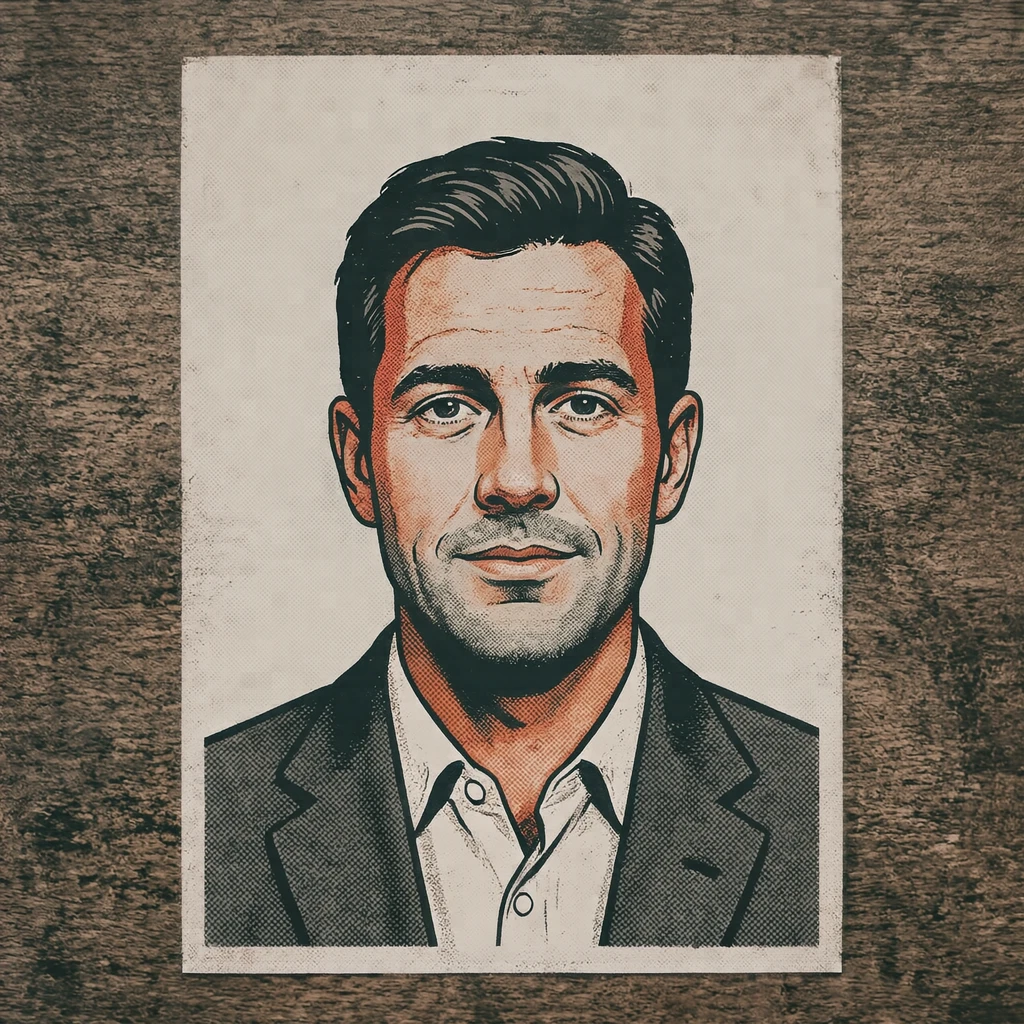 Illustration of one man in a charcoal suit jacket over a white shirt with short dark hair, his head and shoulders seen straight from the front with both eyes looking at the viewer and a calm closed-mouth expression, closely cropped so the head and shoulders fill most of the picture, hands not visible, a plain pale background behind him, the lower edge left as empty background with nothing written on it (retro print)